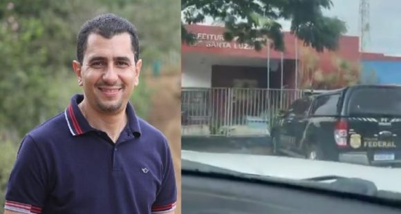 Fernando Brito e viatura da Federal na frente da Prefeitura